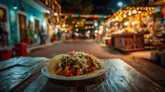 A vibrant taco with colorful toppings as the main subject positioned on a small festive table at a lively street celebration with bright decorations and food stands nearby, warm festival lighting crea