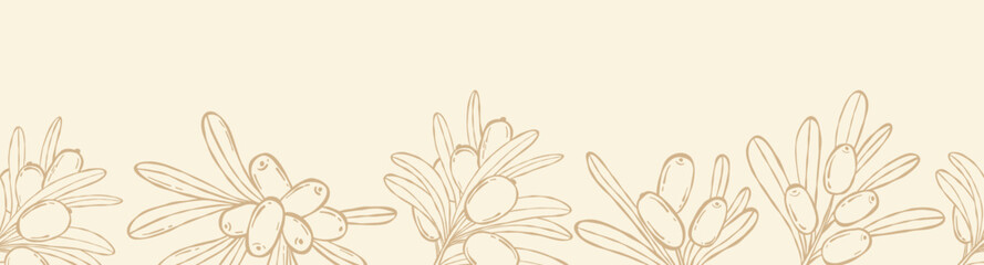 Fototapeta premium Sea Buckthorn Seamless Border. Outline Botanical Edge with Branch Berries and Leaves on Light Background. Vector illustration. Line Art hand-drawn. Organic Product Footer Horizontal Banner