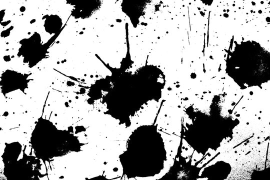 Black ink splatter with drips and drops isolated on light background. Abstract grunge texture with expressive stains and splash elements. High contrast artistic composition suitable for overlays.