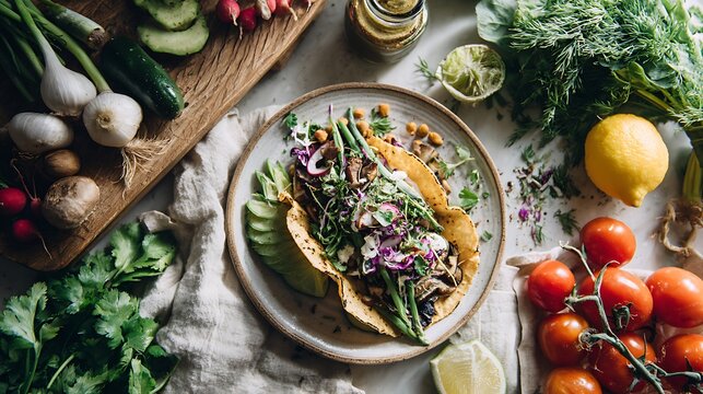 A wholesome taco featuring vibrant vegetables, herbs and nutritious fillings as the main subject, placed on a neutral plate surrounded by fresh ingredients arranged neatly on a modern kitchen table, s