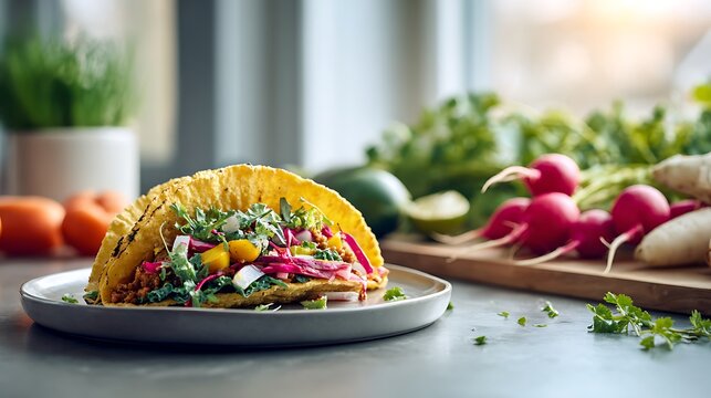 A wholesome taco featuring vibrant vegetables, herbs and nutritious fillings as the main subject, placed on a neutral plate surrounded by fresh ingredients arranged neatly on a modern kitchen table, s