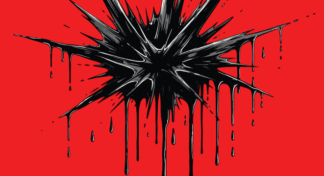 Black paint splatter on red background.