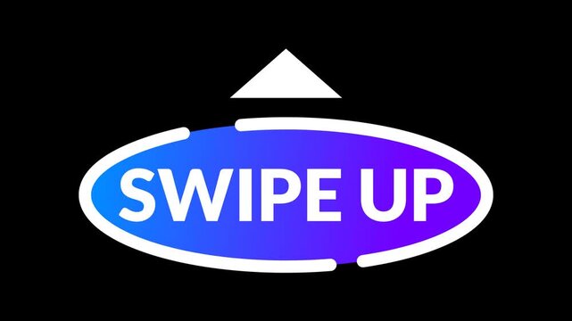 Seamless 4K loop of white swipe up text on a blue and purple gradient oval shape with moving upward arrows. Professional 4K motion graphic on transparent alpha channel for video clips