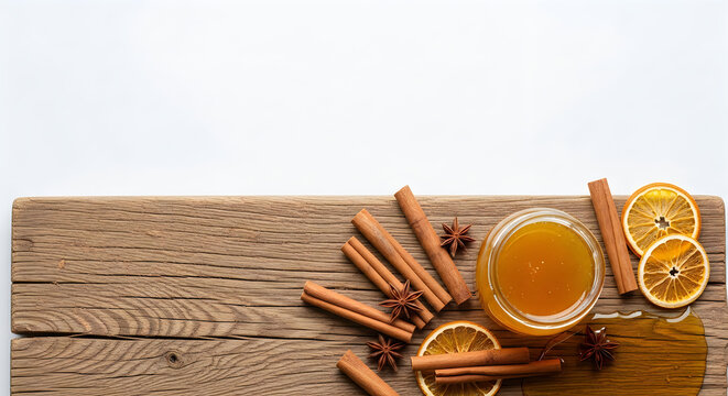 Honey in a jar with cinnamon sticks and dried orange slices on wooden table transparent background
