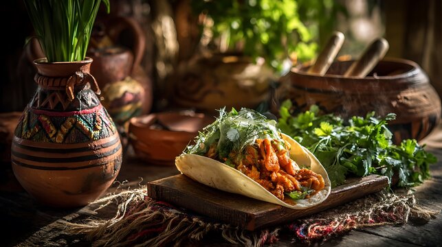Authentic Mexican taco filled with vibrant ingredients as the main subject, placed on a rustic wooden table surrounded by traditional Mexican pottery, woven textiles and fresh herbs, warm afternoon su