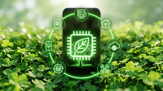 Green technology, eco-friendly, sustainable, digital sustainability, clean tech, environment, innovation icons on smartphone screen in clover field representing future ecology solutions.