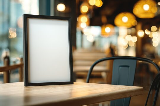 Blank vertical frame mockup on a wooden table in a cozy cafe with warm blurred bokeh lights