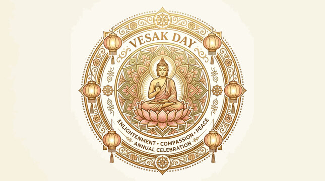 Ornate Vesak Day Illustration with Buddha and Lotus Mandala