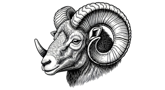Detailed Ram Head Sketch with Large Curved Horns, Black and White Drawing