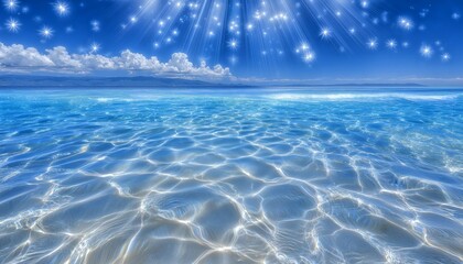 Naklejka premium Azure Waters Embrace Capturing the beauty of the ocean with the sun shining, the sparkling sea is crystal clear, reflecting the sunlight and illuminating the depths of the ocean.