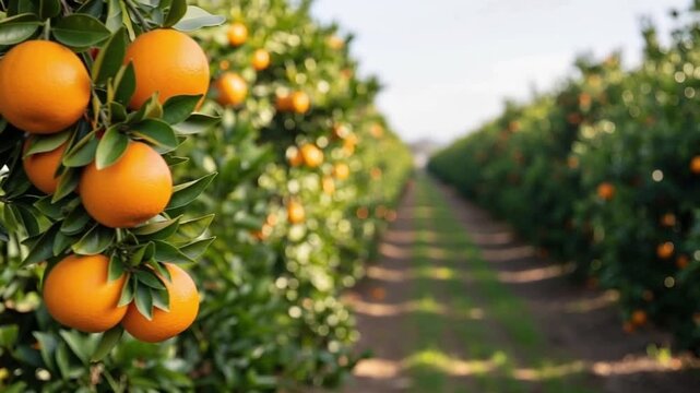 A serene video showcasing a lush orange orchard on a sunny day