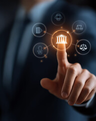 Fototapeta premium Digital Interaction: A hand, focused with intent, makes a digital connection with abstract icons. The image captures the convergence of human action and modern technology in business.