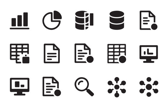 Data management and analytics icons set containing database symbols file documents search plus network nodes