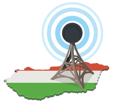 Map of Hungary with a broadcasting tower symbolizing national radio, cellular signals, and wireless communication infrastructure (cut out)