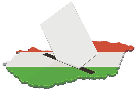 Voting paper being inserted into a slot in the map of Hungary representing national elections, democratic choice, and political participation (cut out)