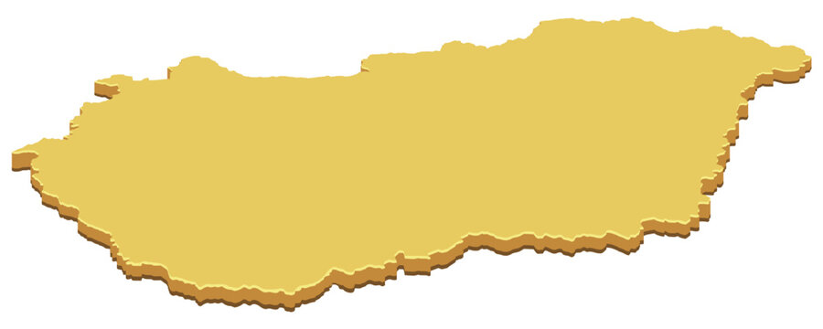 3D isometric map of Hungary with a yellow texture representing national borders, European geography, and luxury territorial branding (cut out)