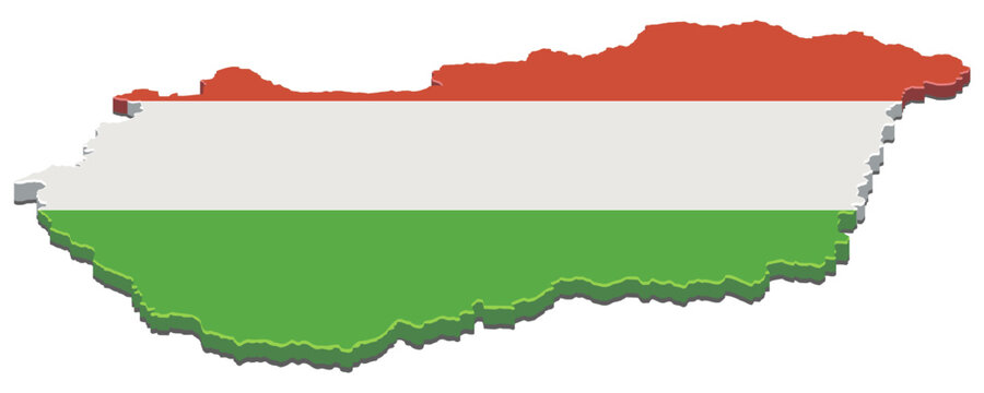 Isometric 3D map of Hungary decorated with the national red, white, and green flag colors, representing Hungarian geography and national identity (cut out)