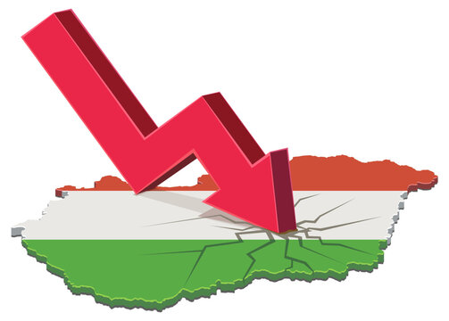 Red arrow crashing into a cracked map of Hungary representing economic downturn, inflation, stock market collapse, and national financial instability (cut out)