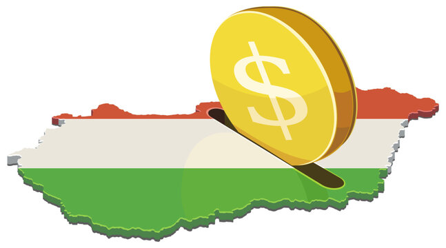 Gold dollar coin entering a slot in the map of Hungary representing national savings, foreign investment, and economic banking system (cut out)