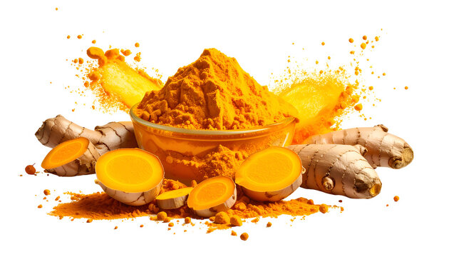 Bright, vibrant image featuring fresh and powdered spices; cut rhizomes and a pile