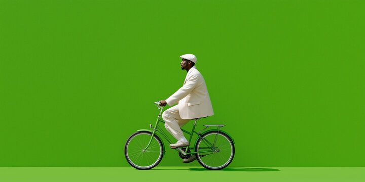 Confident man in white suit riding green bicycle