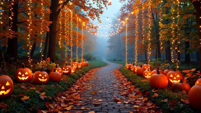Pumpkins and lights on a forest path