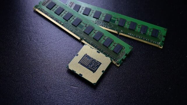 Bitcoin coins appearing beside computer processor and memory technology concept