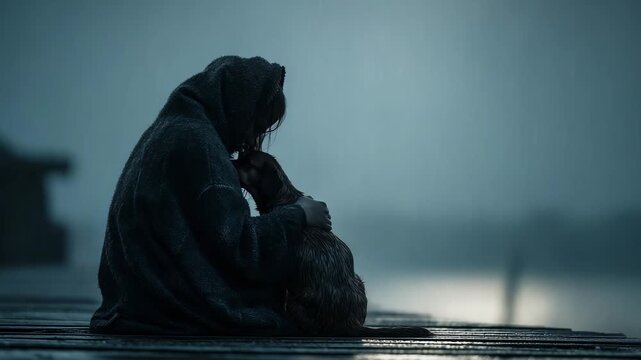 A homeless person sits on a dock with a dog, both getting wet from the rain as dusk falls near a calm lake