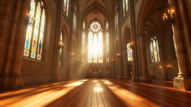 Interior of a cathedral with stained glass