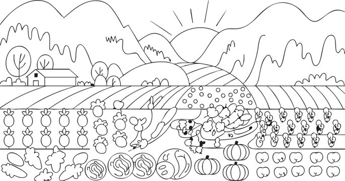 Black and white line art illustration of a peaceful farm landscape sce