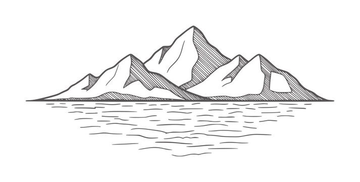 Hand drawn of jagged mountain peaks reflected in water reflection
