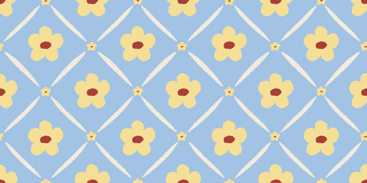 Vector hand drawn seamless pattern in simple doodle sketchy floral wavy and groovy naive style, dopamine and cottage core aesthetic, delicate gentle girlie backgrounds with flowers