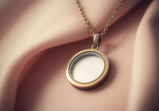 Blank gold round necklace lying on pink surface, ai generated. Empty roundel necklet accessory with golden chain mockup. Clear small precious jewelry or pendant for neck medallion template.