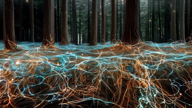 Discover the forest floor where glowing lights intertwine with roots beneath the tall trees at twilight