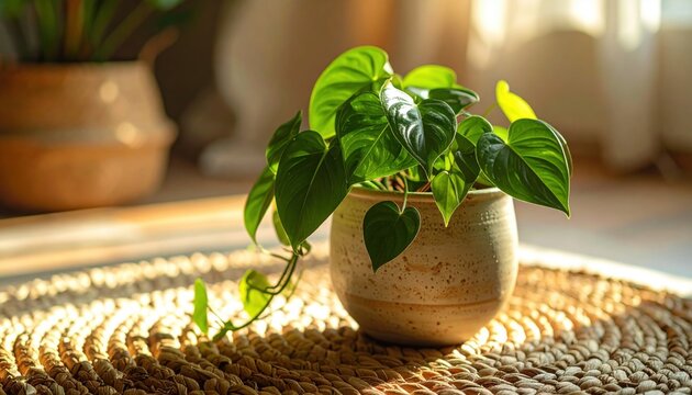 Trailing heartleaf philodendron plant in a decorative pot bathed in warm sunlight