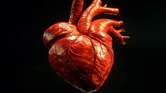 Detailed look at a realistic model of the human heart highlighting its structure and blood vessels on black backdrop