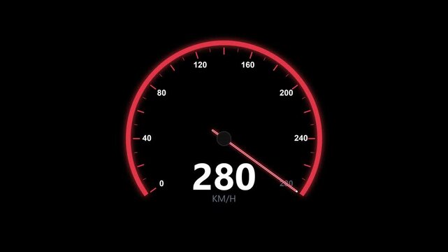 Digital speedometer gauge accelerating on black background. 4K Video