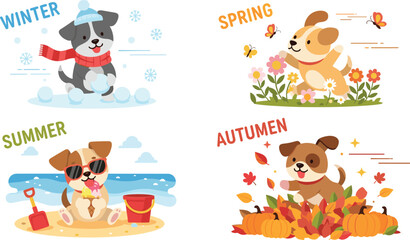 Fototapeta premium Cute Cartoon Dog Four Seasons Set Featuring Winter Spring Summer and Autumn Scenes with Seasonal Activities Weather Elements and Adorable Puppy Characters Flat Vector Illustration