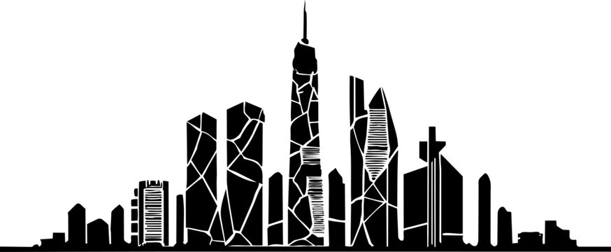 Modern City Skyline Silhouette with Geometric Building Designs.