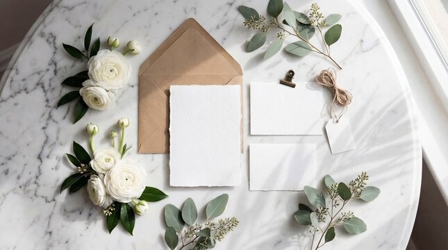 Envelope and deckle edge stationery on a round marble table with blank cards twine and gift tag surrounded by eucalyptus sprigs and white ranunculus flowers in soft natural light