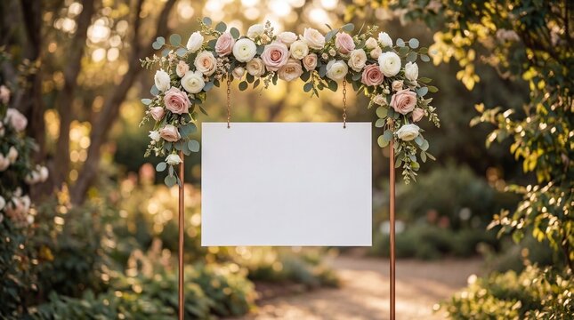 Wedding floral arch with blank hanging sign representing event signage seating plans and celebration details in an outdoor garden ceremony backdrop with soft sunset light