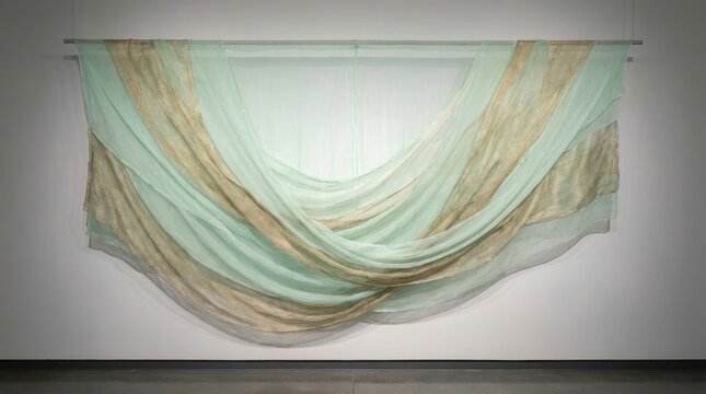 Elegant Drapery of Soft Green and Gold Textiles Flowing Gracefully in a Contemporary Interior Setting