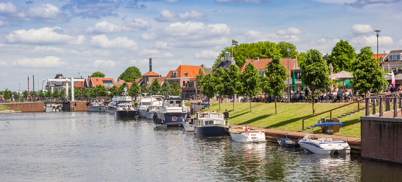 Panorama of the harbor and boulevard in the center of Harderwijk, Netherlands
