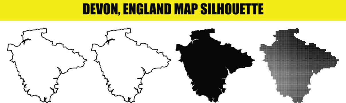Devon england map silhouette illustration vector different styles white outline black filled dotted graphic