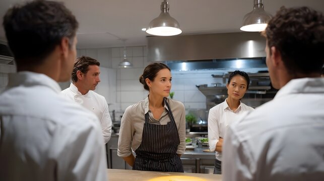 A diverse group of culinary professionals holding a focused meeting in a modern professional kitchen