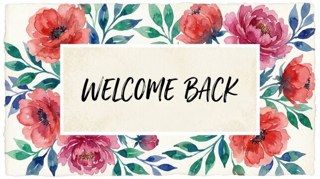 Beautiful Watercolor Floral Welcome Back Sign with Colorful Poppies and Elegant Handwritten Text