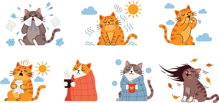 Cute Cartoon Cat Emotions and Weather Reactions Set Showing Cold Hot Windy Sick Crying and Relaxed Cats in Seasonal Conditions Flat Vector Illustration