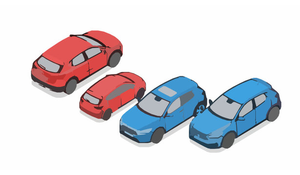 Isometric crossover SUV icon set with red and blue modern passenger family cars