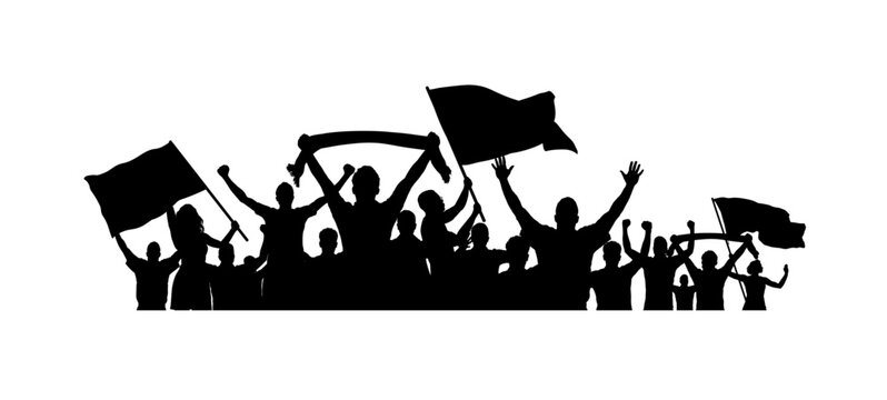 Football fans silhouettes, soccer fans with flags and scarves isolated