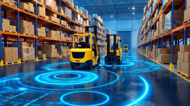 Warehouse with forklifts and glowing patterns